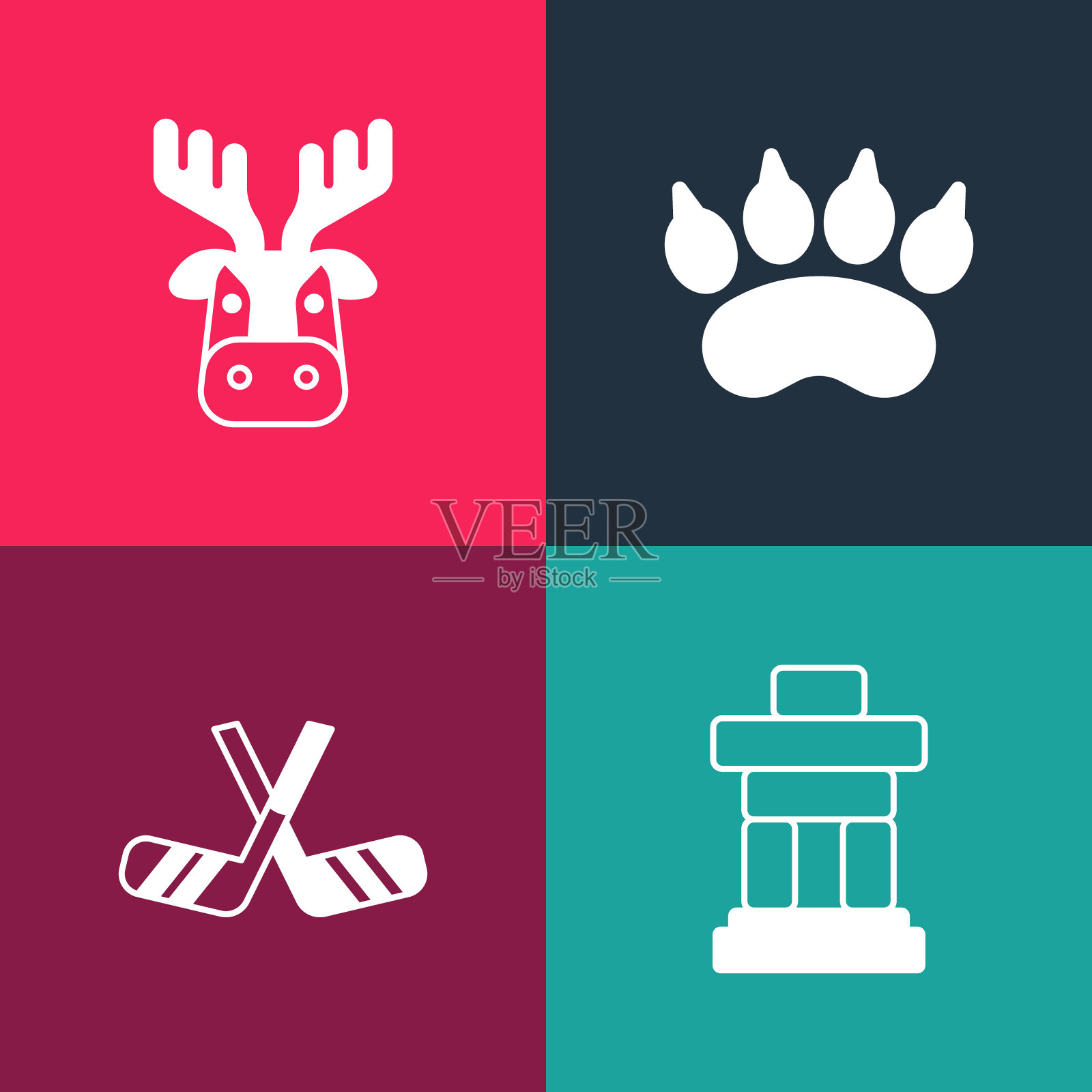 集流行艺术Inukshuk，冰球棒，熊掌足迹和鹿头与鹿角图标。向量插画图片素材