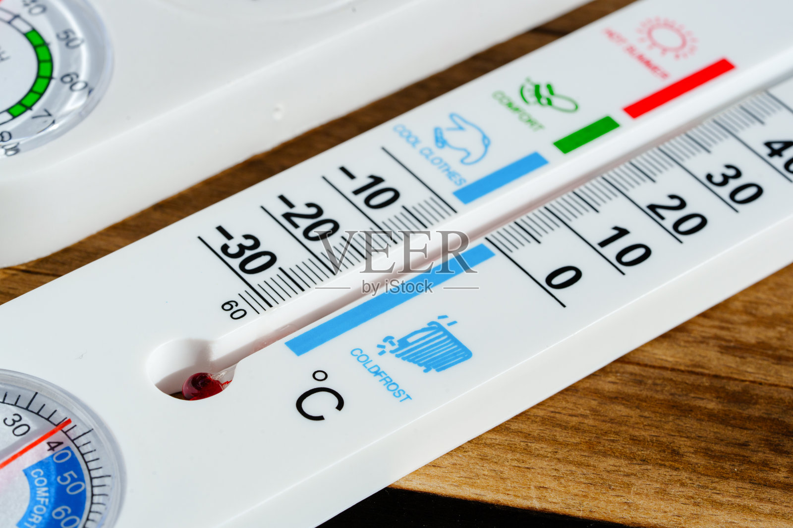 两个温度计放置在木制表面上照片摄影图片