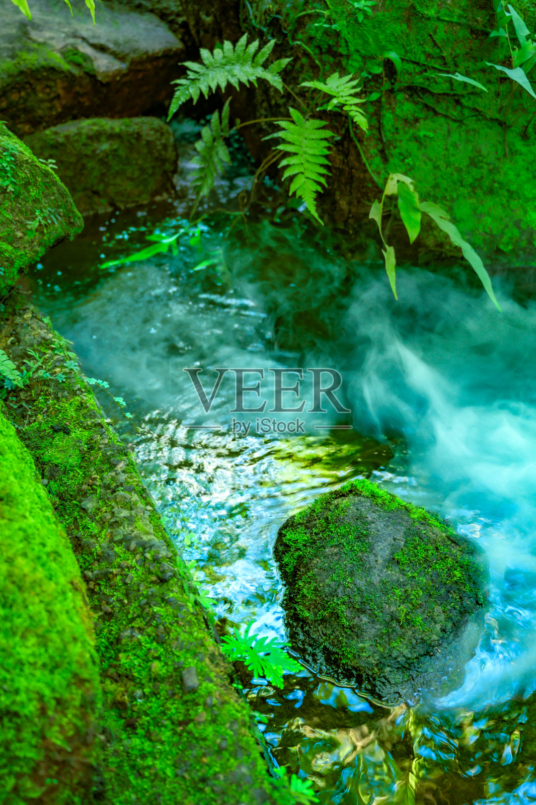 长满苔藓的岩石和微风吹过的花园里的溪流照片摄影图片