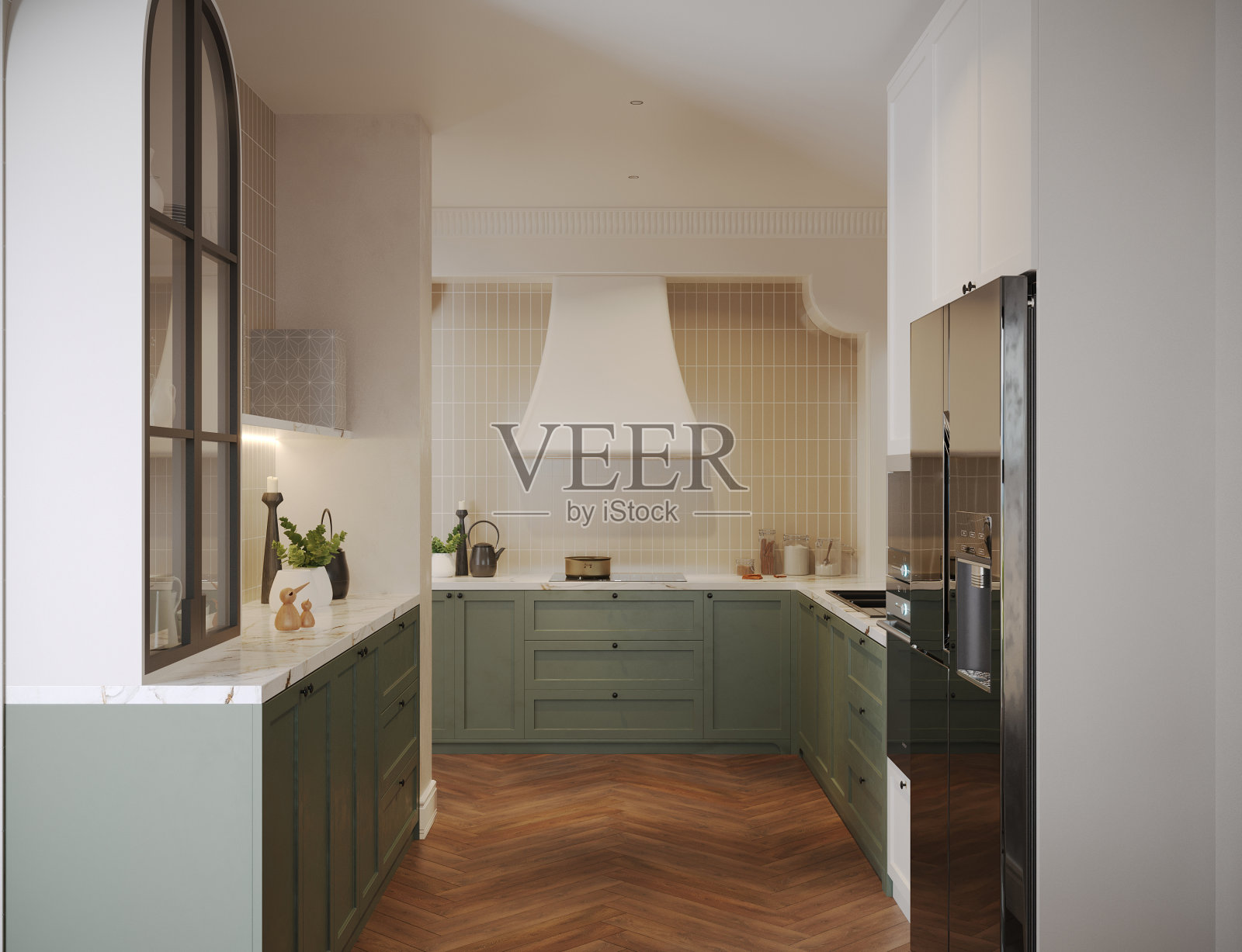 厨房室内设计以白色和软色调家具附设家装照片摄影图片