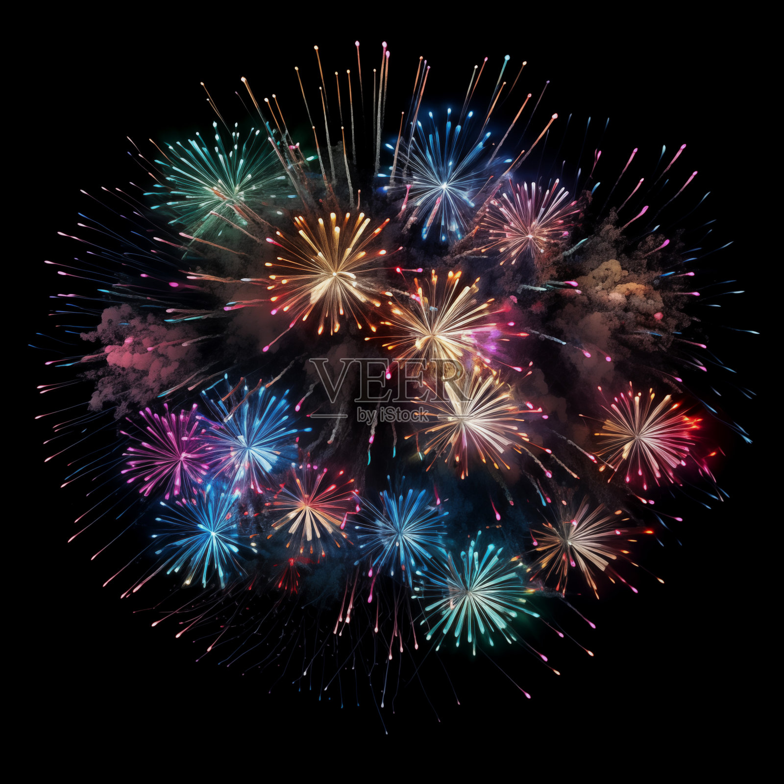 不同颜色和类型的烟花在天空的背景照片摄影图片