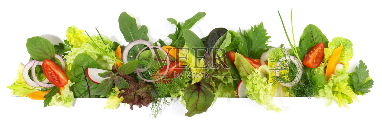 各种沙拉全景隔离在白色背景照片摄影图片