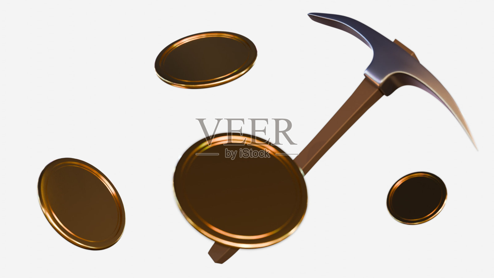 鹤嘴锄和散落的金币照片摄影图片