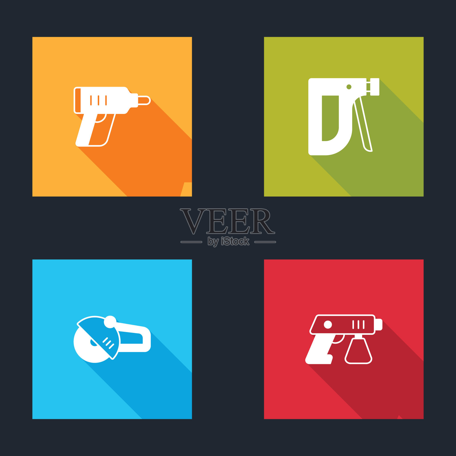 设置电动无绳螺丝刀，建筑订书机，角磨机和油漆喷枪图标。向量插画图片素材