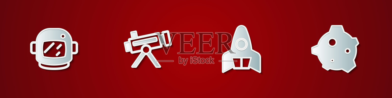 设置宇航员头盔，望远镜，火箭飞船和小行星图标。向量插画图片素材