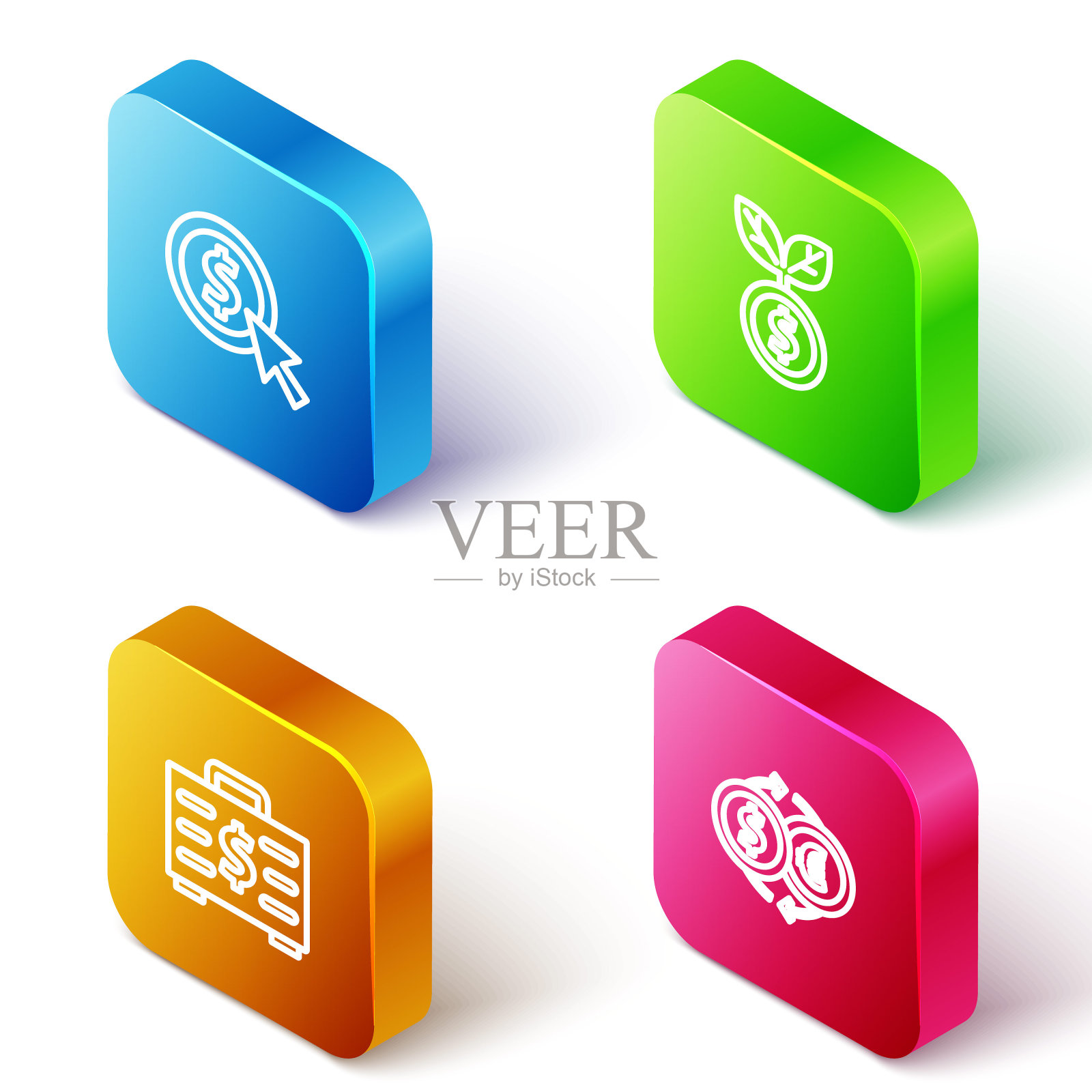 设置等距线硬币货币与美元，美元工厂，公文包和货币兑换图标。向量插画图片素材