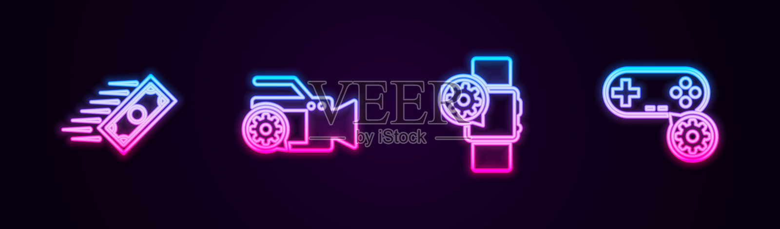 设置线快速支付，视频摄像头设置，智能手表和手柄。发光的霓虹灯图标。向量插画图片素材
