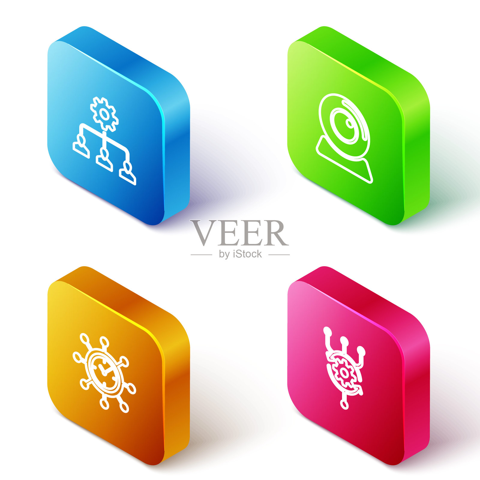 设置等距线引线管理，网络摄像头，时钟和齿轮和算法图标。向量插画图片素材