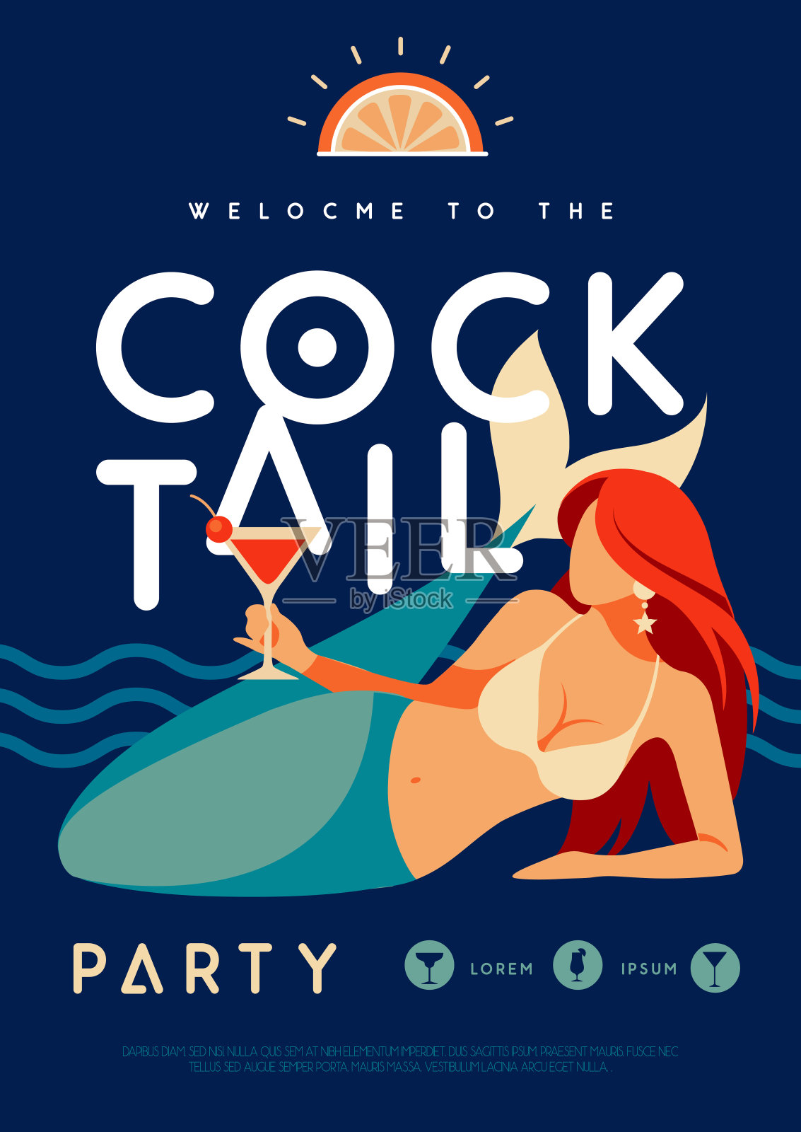 复古的平底夏日鸡尾酒会海报与美人鱼和鸡尾酒。矢量图插画图片素材