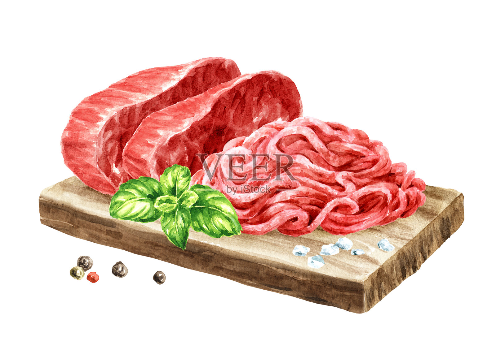 自制肉末和生牛排。烹饪食物的概念。手绘水彩插图孤立的白色背景插画图片素材