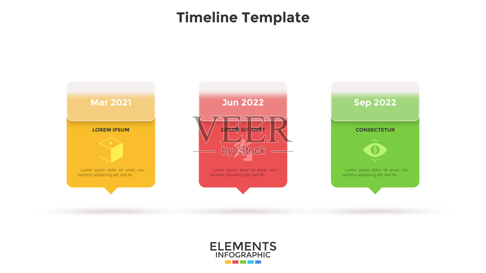 时间轴上有3张卡片放在水平行。商业项目开发三个阶段的概念。最小的信息图表设计模板。现代平面矢量插图表示。插画图片素材