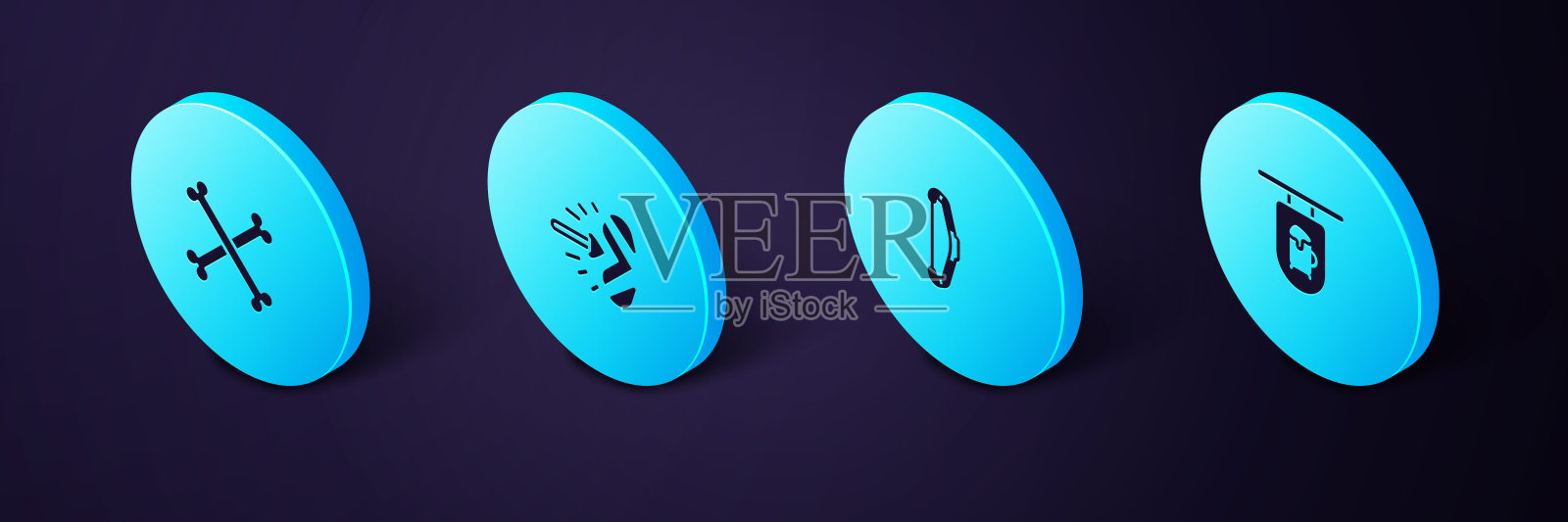 设置等距街招牌酒吧，中世纪弓，魔术箭和交叉人骨图标。向量插画图片素材