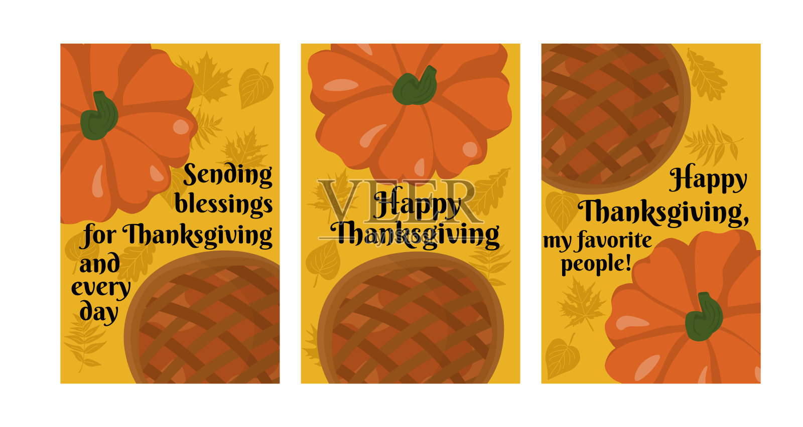 一套垂直的感恩节卡片、海报或横幅，上面有南瓜和馅饼插画图片素材