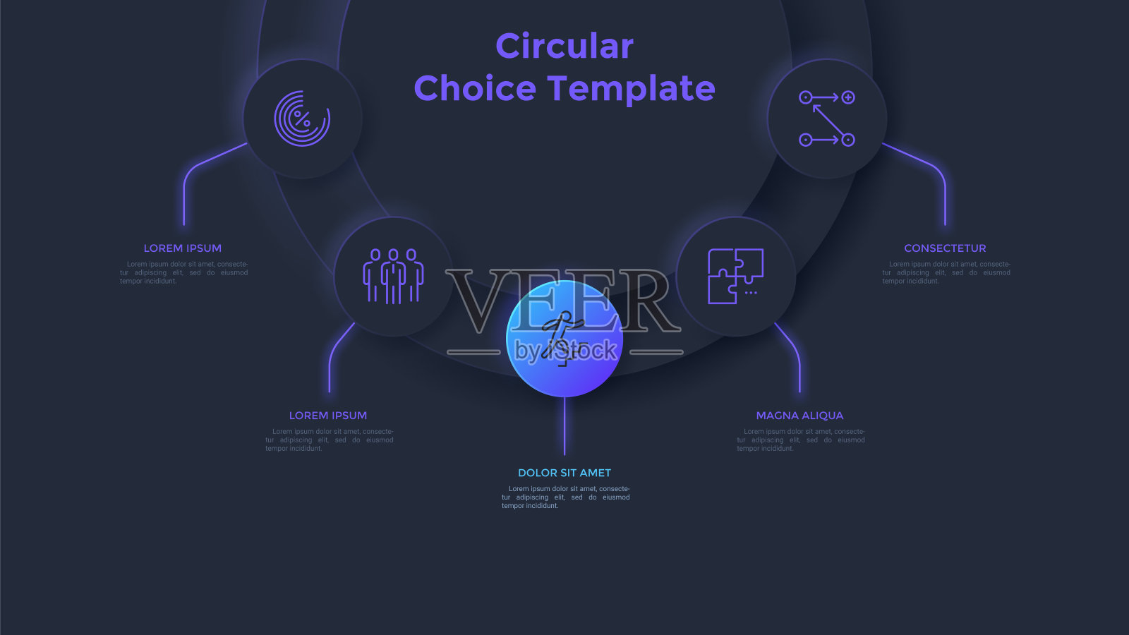 有五个发光的圆元素的半圆形图。启动项目的5个特点可供选择。现实的黑暗信息图表设计模板。用于数据分析的现代矢量插图。插画图片素材