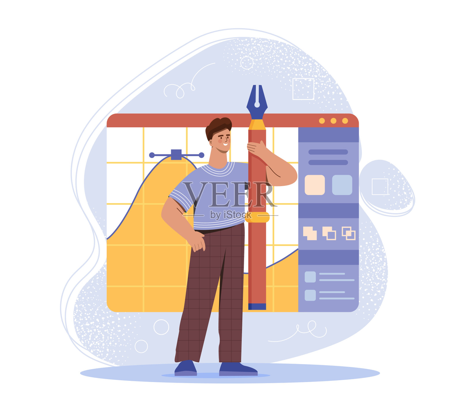 平面设计师。年轻人拿着铅笔站在插画应用程序旁边。为网站或程序创建设计元素的自由职业者。平面矢量图插画图片素材