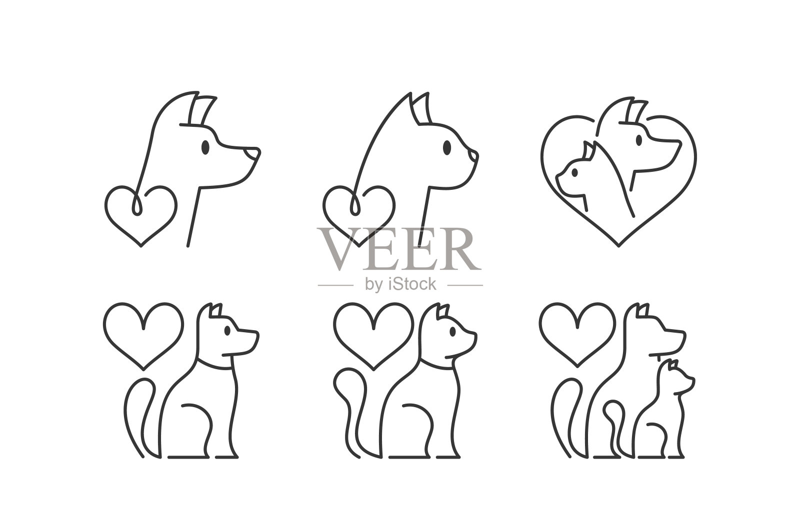 极简主义图标代表对动物的爱，以狗和猫为特色，带有心形符号。简单线条艺术符号插画图片素材