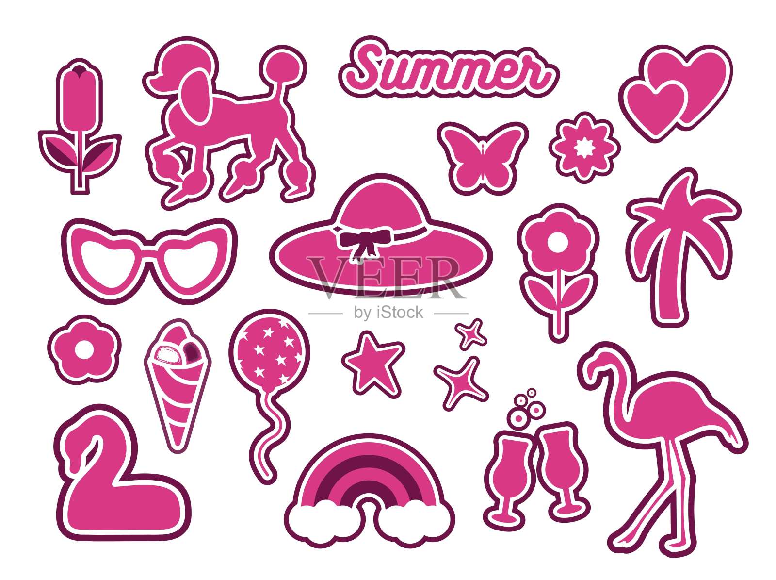 夏季流行的粉色系列。鸡尾酒，雏菊，彩虹，蝴蝶，星星。标志，贴纸，孤立的元素在一个白色的背景。假日，印刷品，横幅，明信片。艺术矢量插图。插画图片素材