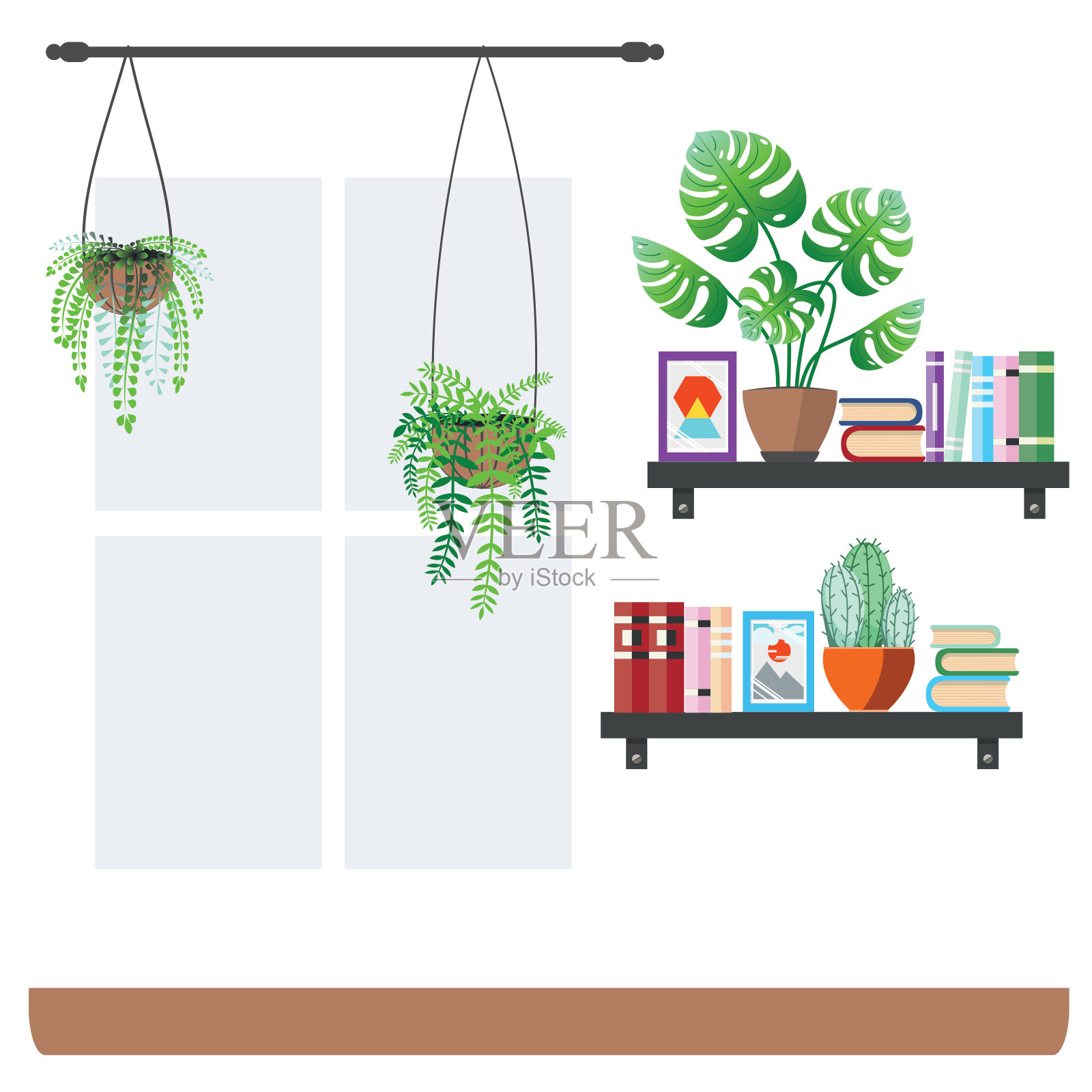 有书架和室内植物的房间插画图片素材