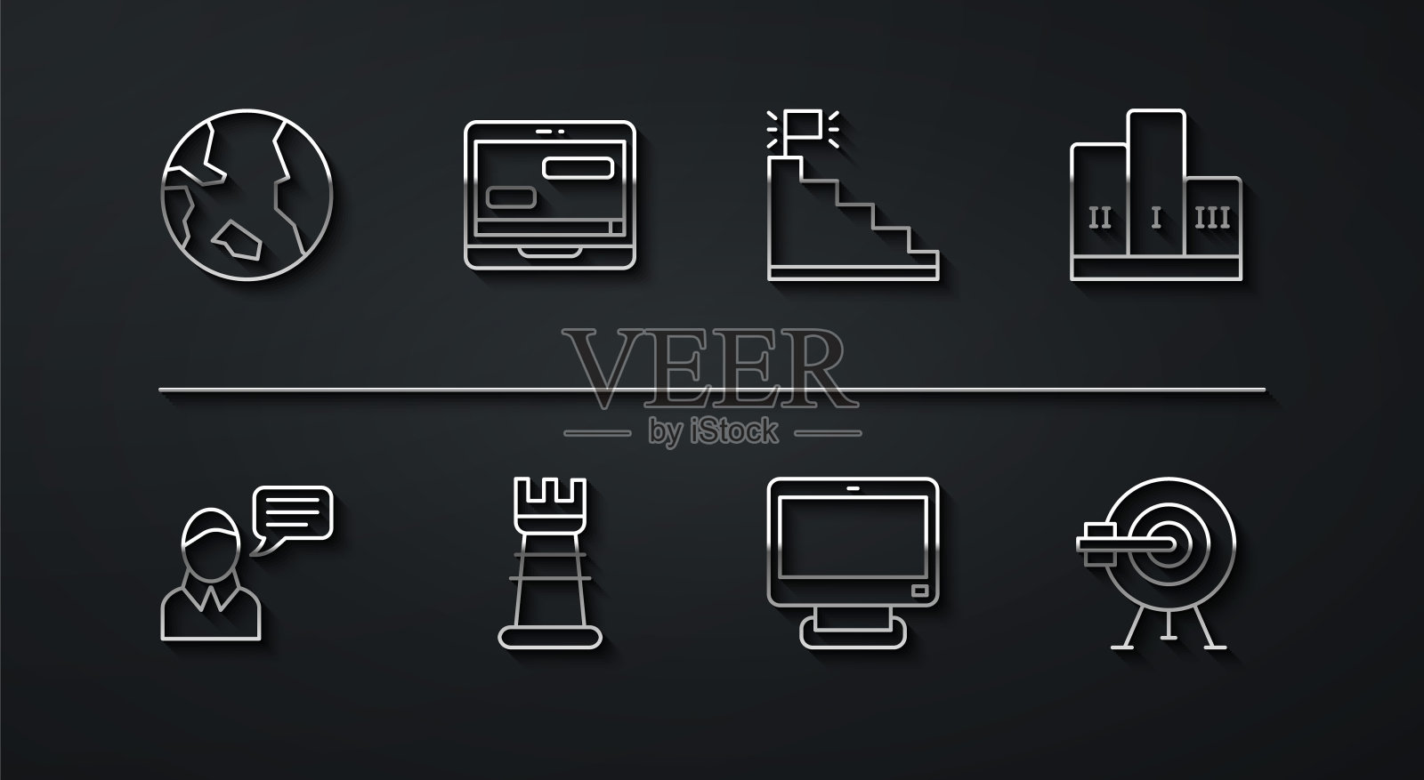 Set line Earth globe, Speech bubble chat, Award over winner podium, Computer monitor, Business strategy, chat messages laptop, Target with arrow and Stair finish flag icon。向量插画图片素材