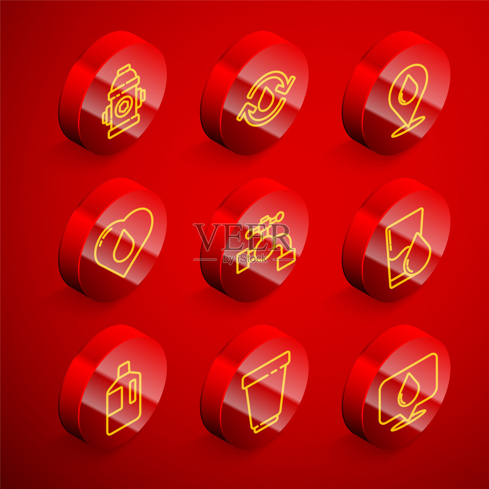 设置线路消防栓，回收清洁水，水滴与位置，心脏水，水龙头，玻璃，大瓶和过滤筒图标。向量插画图片素材