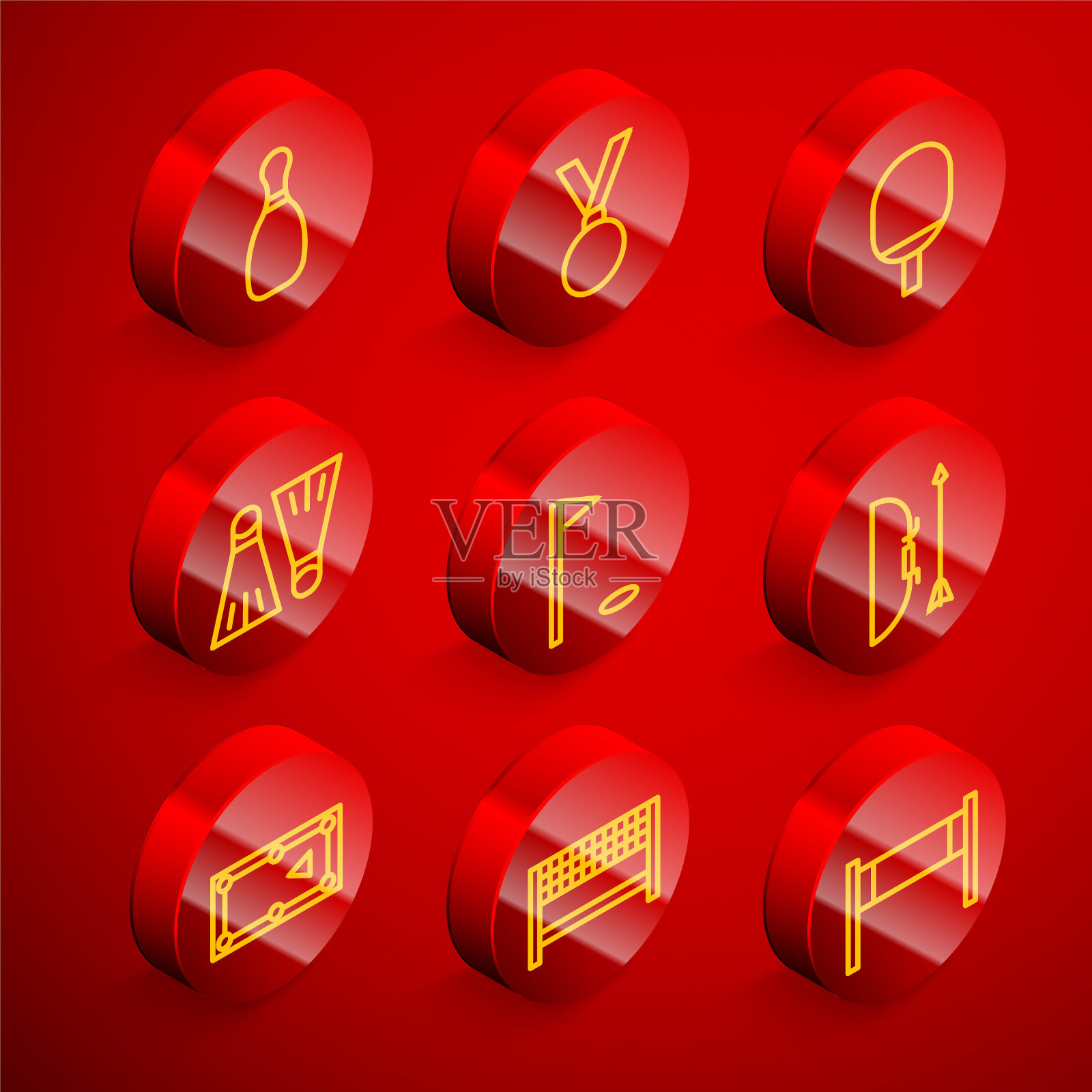 设置线保龄球瓶，奖牌，球拍打乒乓球，橡胶鳍游泳，高尔夫球旗，箭箭箭，台球和丝带终点线图标。向量插画图片素材