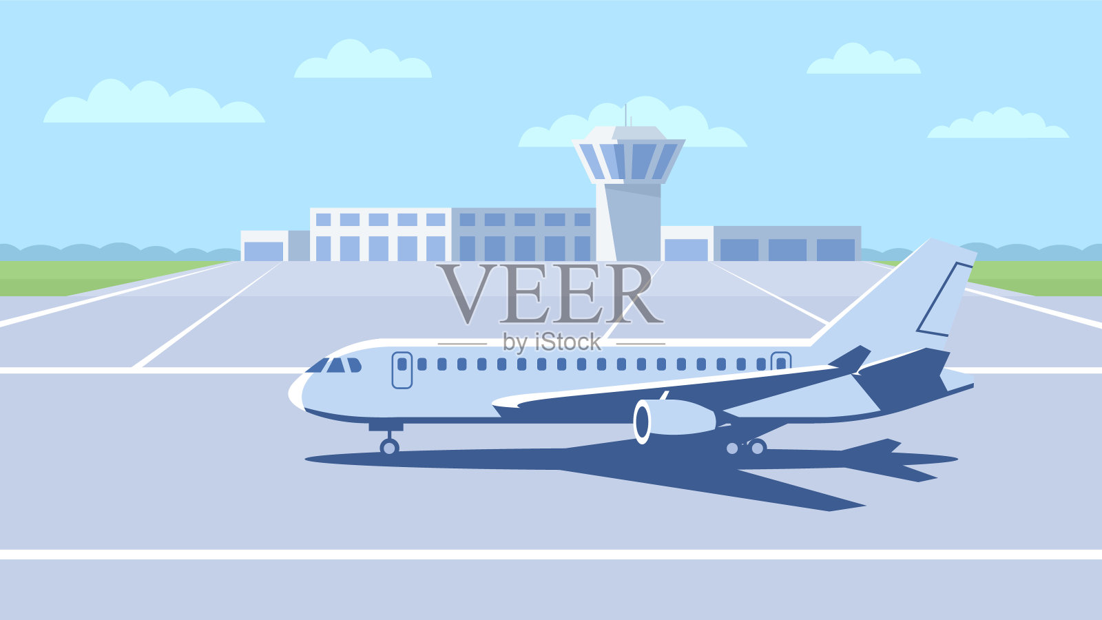 机场跑道上的一架平客机。插画图片素材