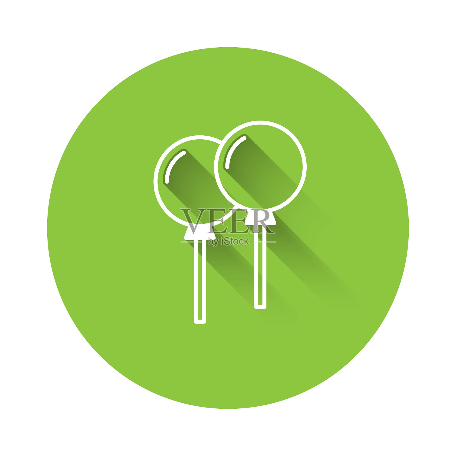 白色气球与丝带图标隔离与长阴影背景。绿色圆形按钮。向量插画图片素材