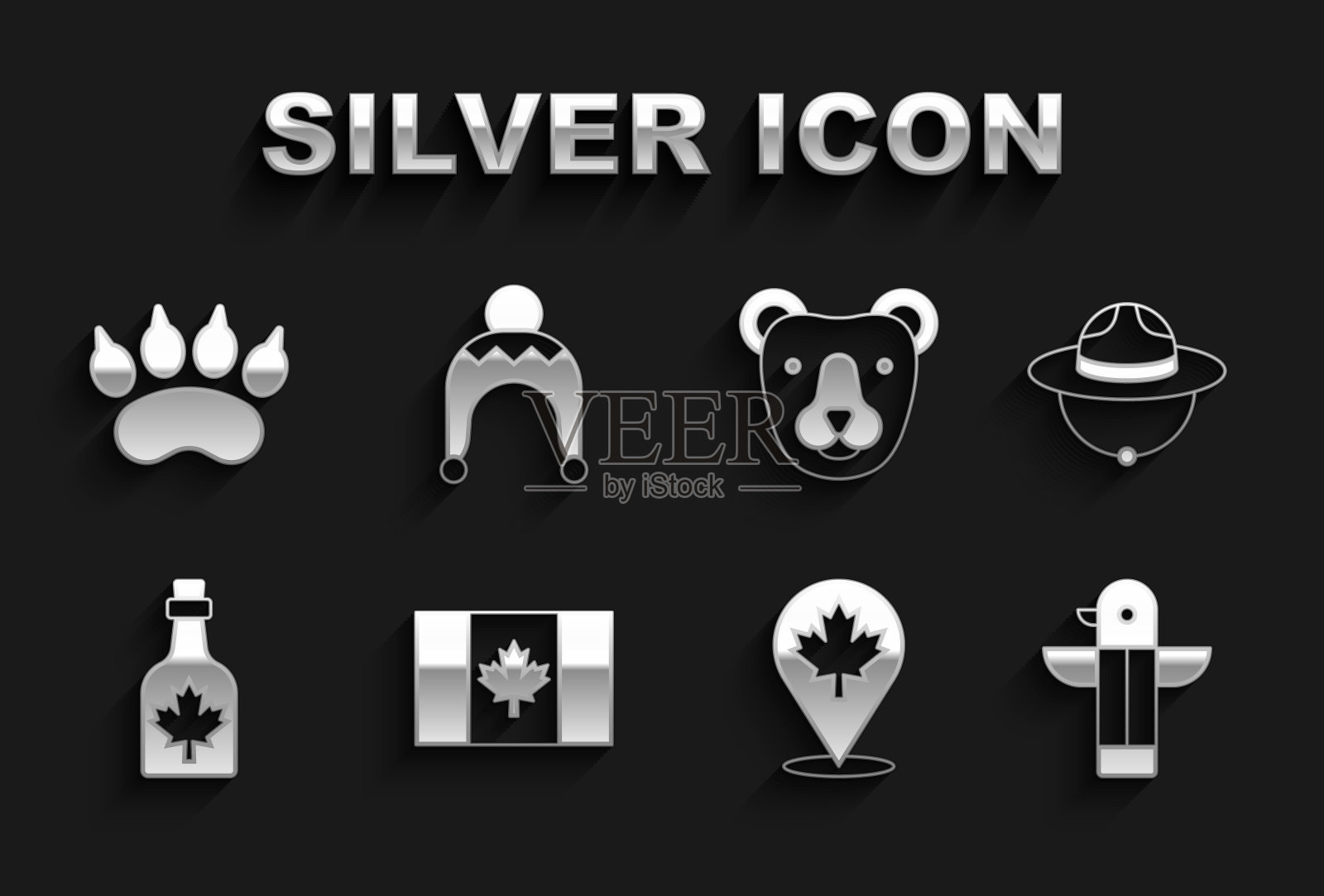 集加拿大国旗，加拿大护林员帽子，图腾柱，枫叶，瓶糖浆，熊头，爪足迹和冬天的图标。向量插画图片素材