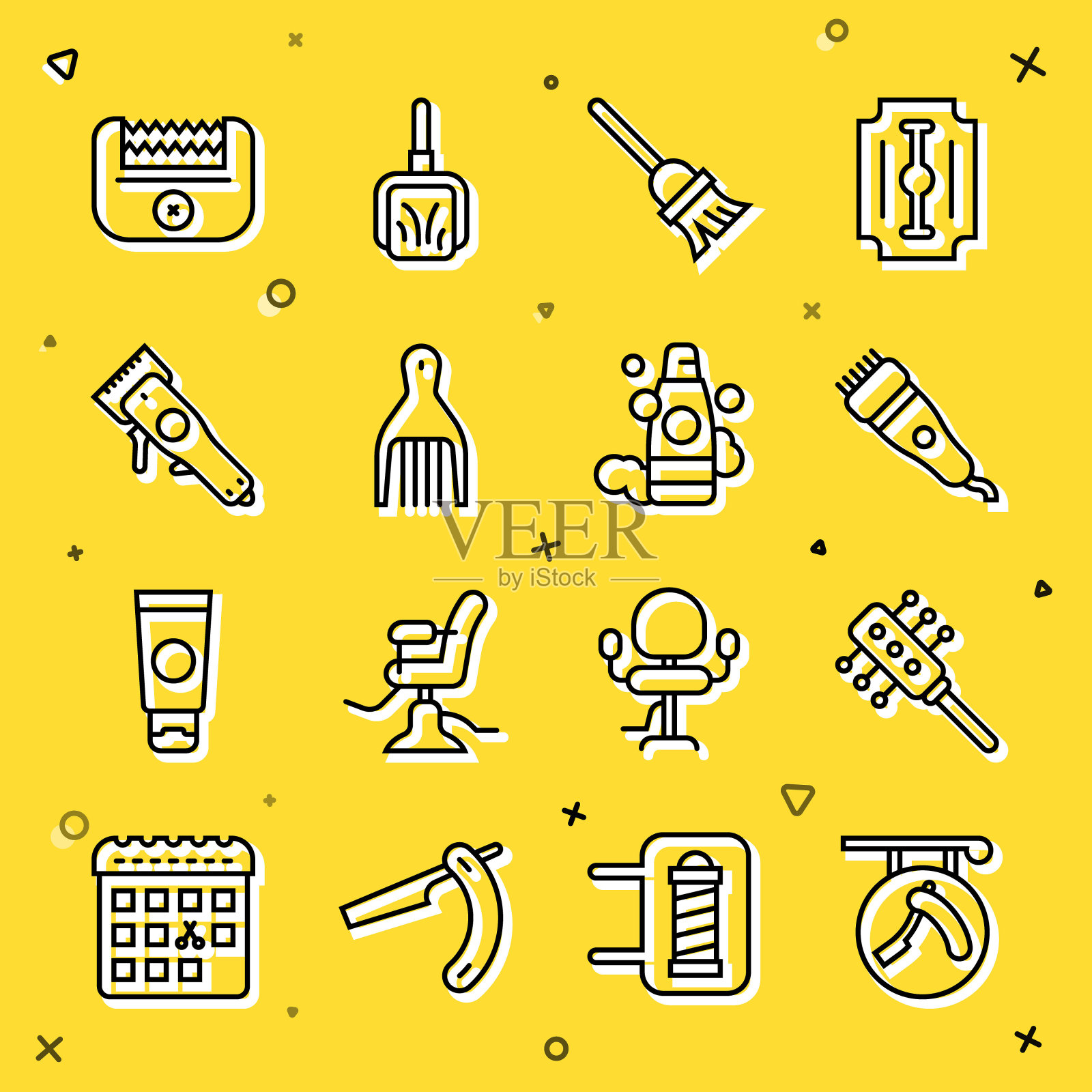 设置线理发店剃刀，发刷，电动理发器，拖把，发夹，和一瓶洗发水图标。向量插画图片素材