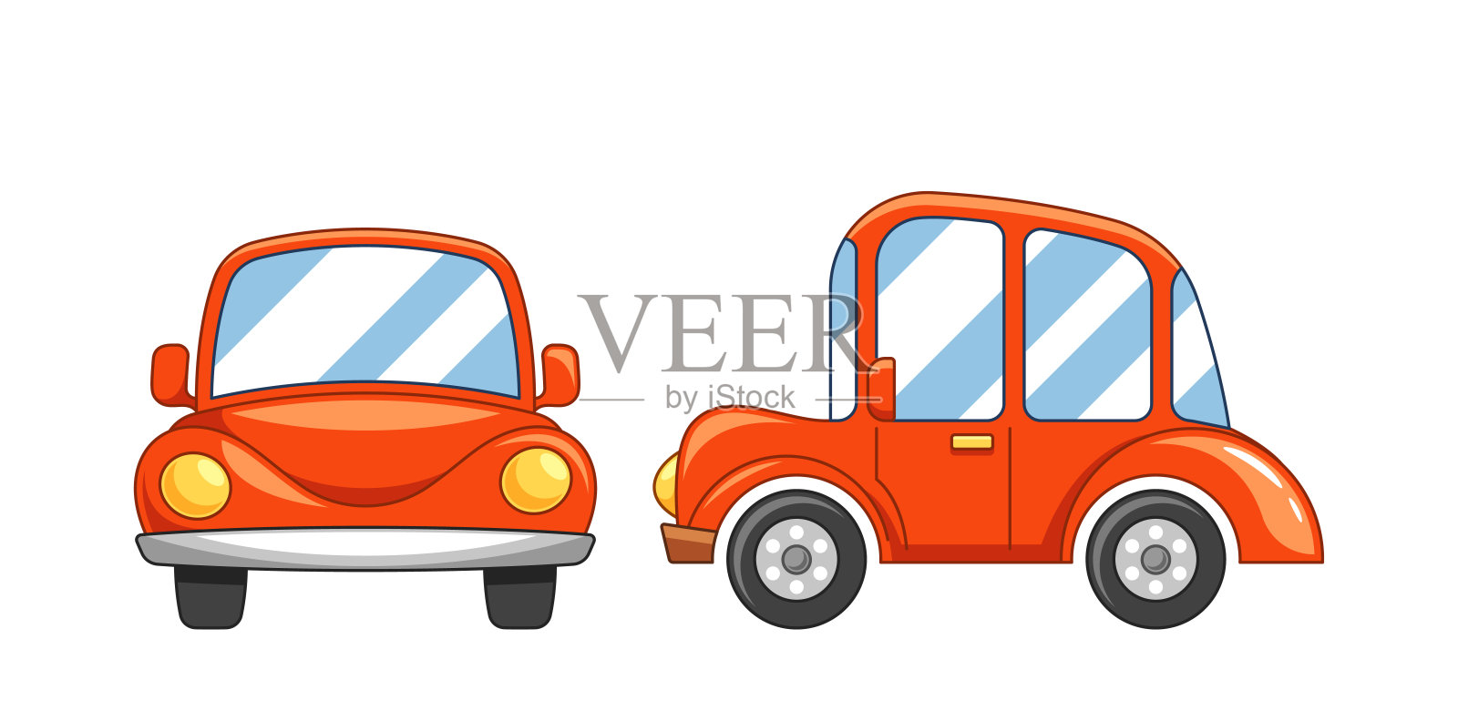 可爱的卡通插图的红色汽车，显示在前面和侧面视图。完美的儿童设计项目插画图片素材