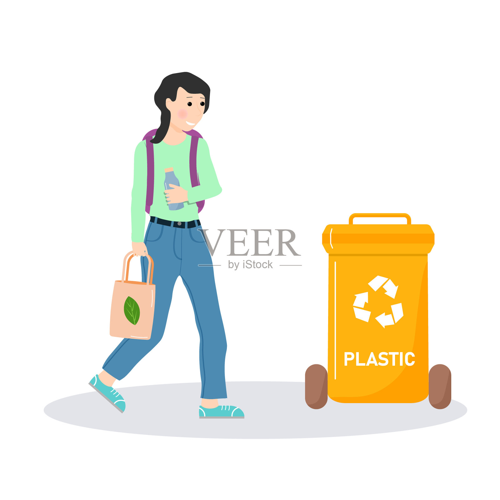 零废物概念。一个拿着纸袋的女人把一个塑料瓶扔进一个容器里。塑料废物的容器。插画图片素材