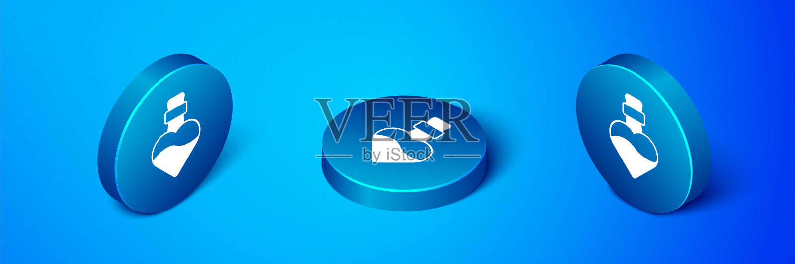 等距瓶与爱情药水图标隔离在蓝色背景。情人节快乐。蓝色圆圈按钮。向量插画图片素材