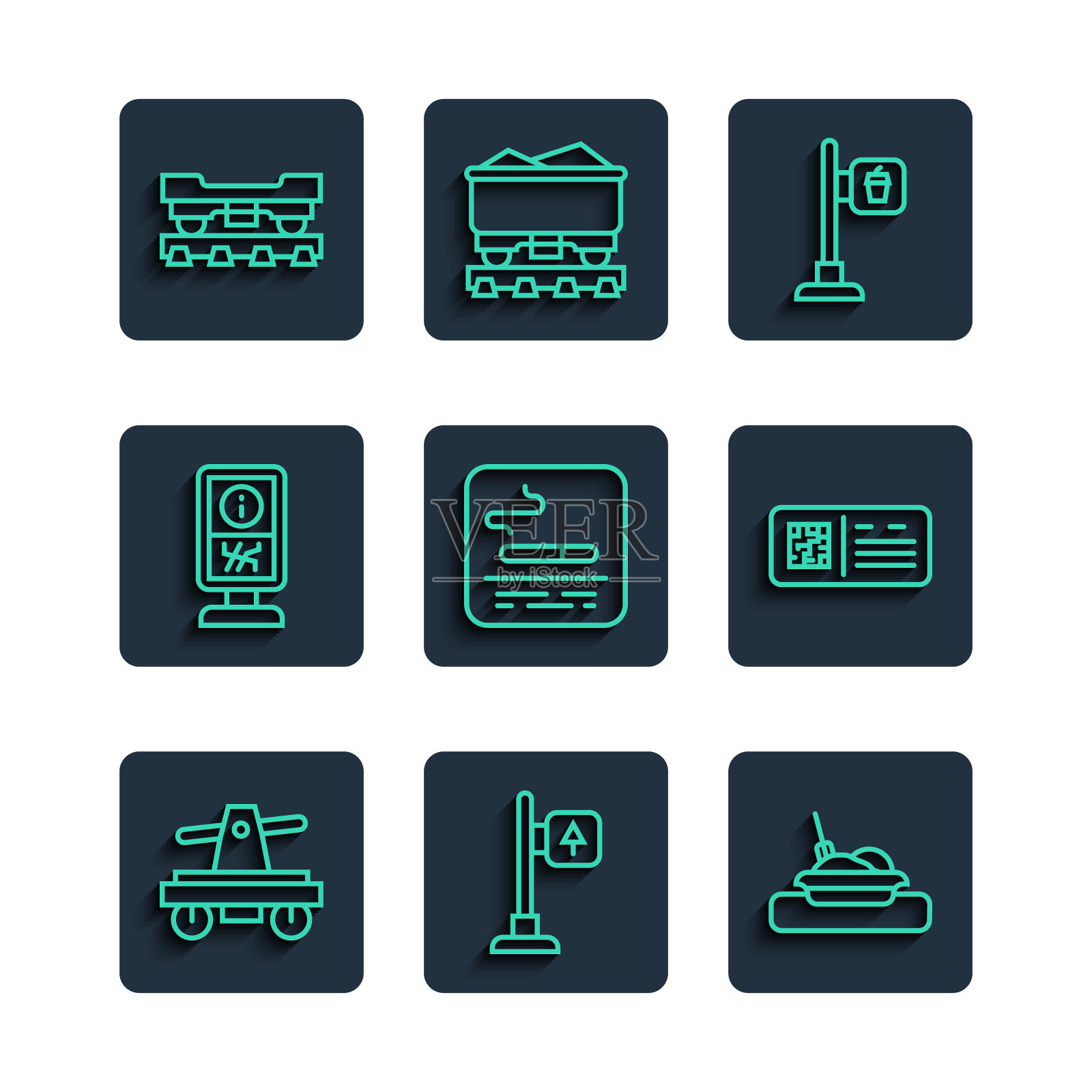 设置线路火车或手推车，道路交通路标，餐盘，咖啡厅餐厅位置，吸烟区，咨询台，货运列车车厢和二维码票标。向量插画图片素材