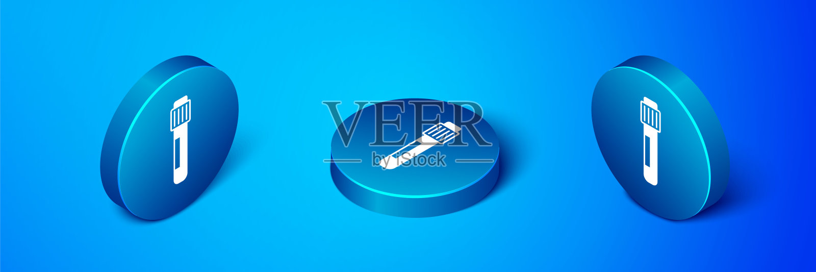 等距试管和烧瓶化学实验室测试图标隔离在蓝色背景上。实验室玻璃器皿标志。蓝色圆圈按钮。向量插画图片素材