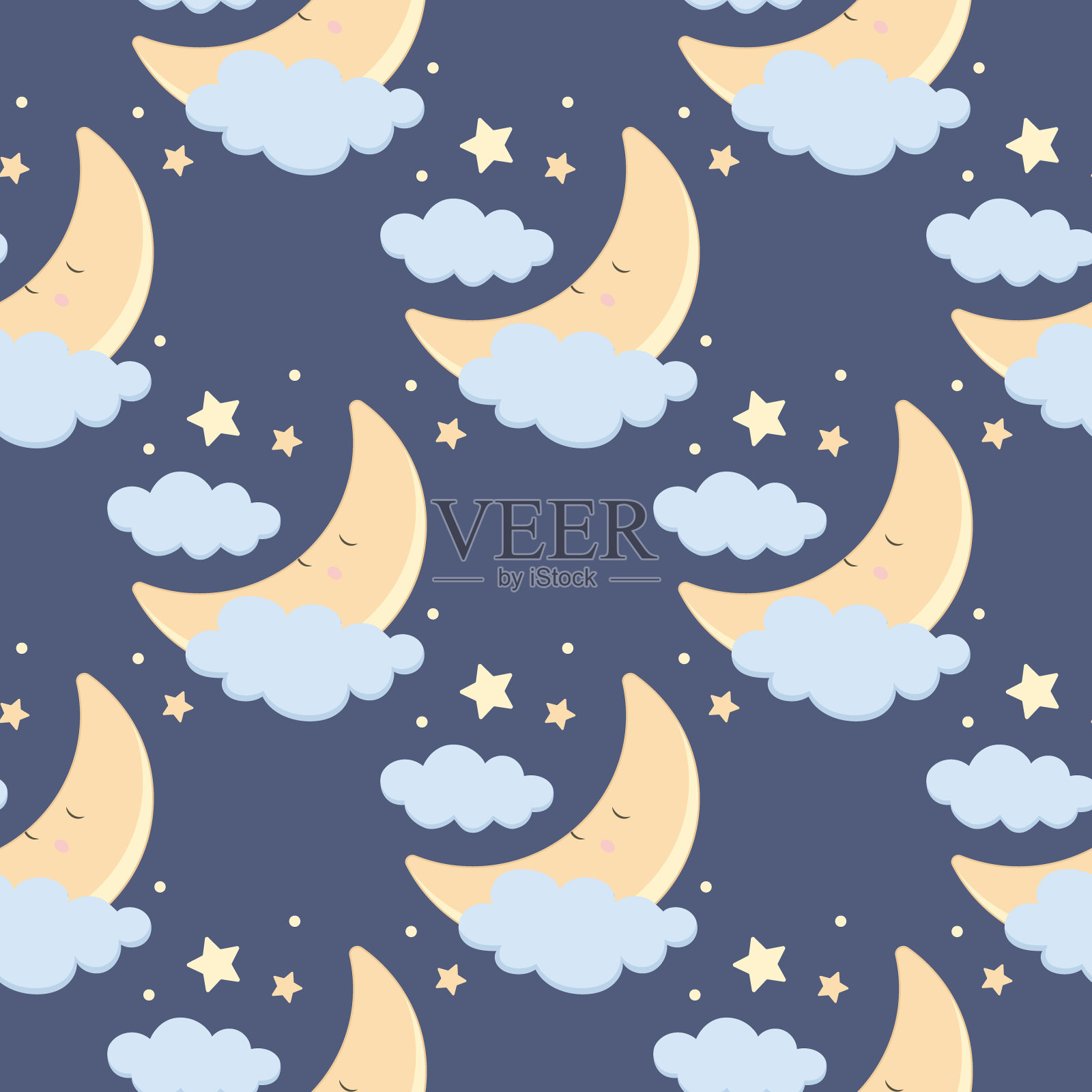 孩子们可爱的图案与熟睡的小月牙在云。儿童可爱的背景壁纸，纸张，织物插画图片素材