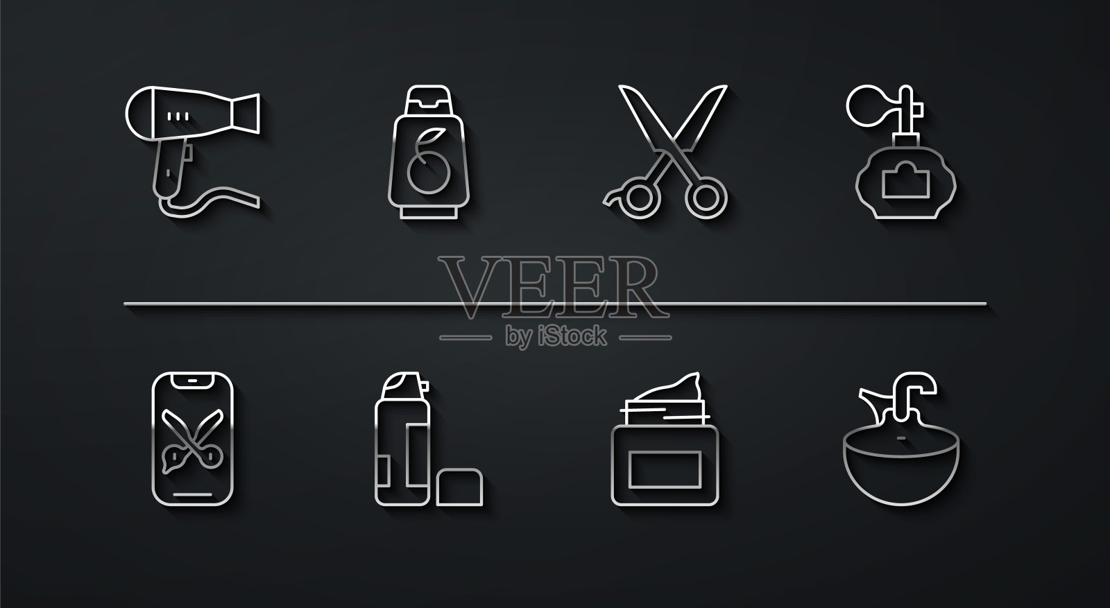 设置线吹风机，理发师在线服务或平台，须后水，面霜化妆品罐，剃须啫喱泡沫，瓶装洗发水，洗脸盆和剪刀理发师icon。向量插画图片素材