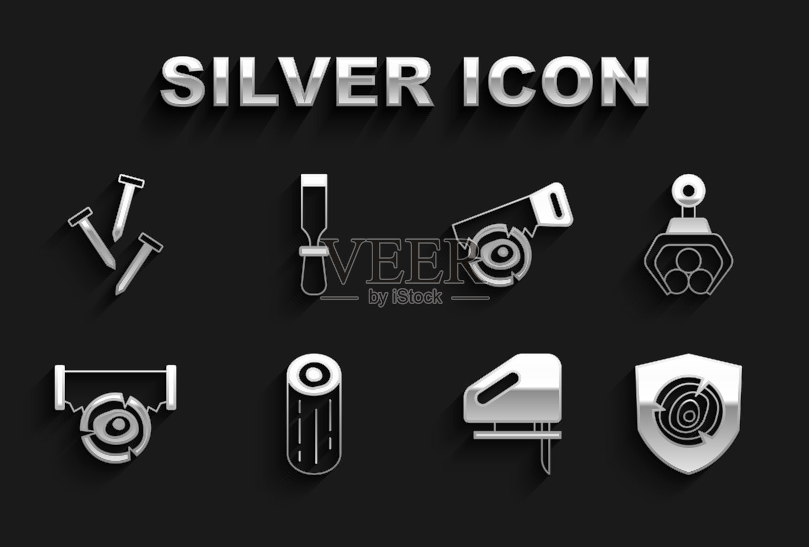 集原木、吊车抓钩、电动拼图、双手和手、金属钉和凿子工具icon。向量插画图片素材