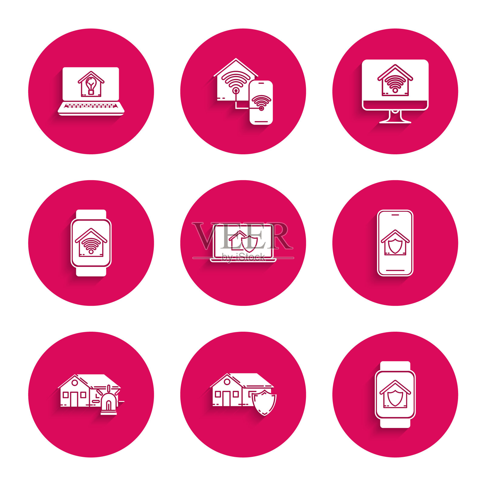 设置笔记本电脑与房屋保护，房屋，智能手表，手机和闹钟，智能家庭wi-fi，电脑显示器和灯泡图标。向量插画图片素材