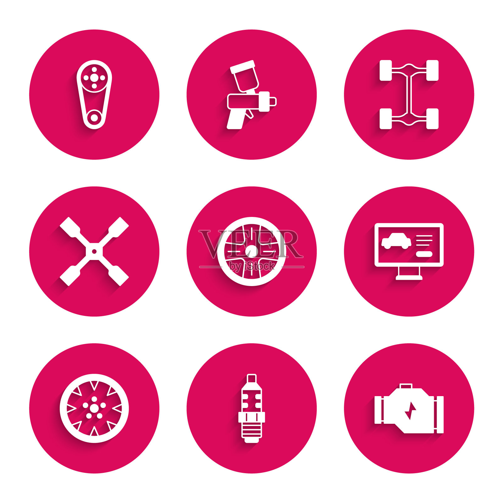 设置合金车轮，汽车火花塞，检查发动机，汽车诊断条件，车轮扳手，底盘和正时皮带套件图标。向量插画图片素材