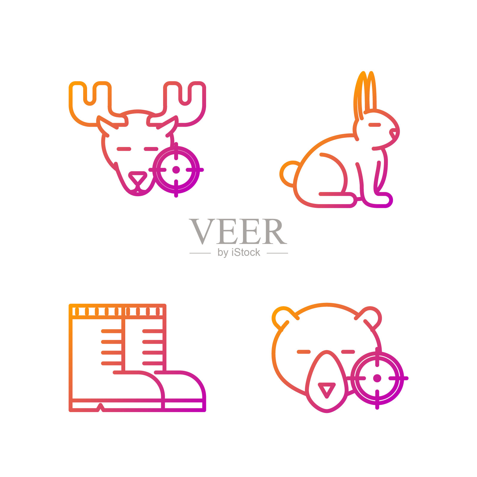 设好线用准星猎熊，用靴子猎熊，用准星猎驼鹿和兔子。渐变颜色图标。向量插画图片素材