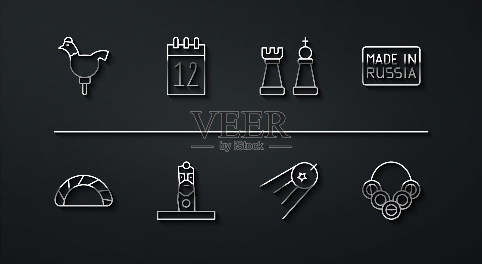 集线公鸡棒棒糖，饺子，俄罗斯制造，卫星，斯拉夫异教徒偶像，日历6月12日，俄罗斯百吉饼和国际象棋图标。向量插画图片素材