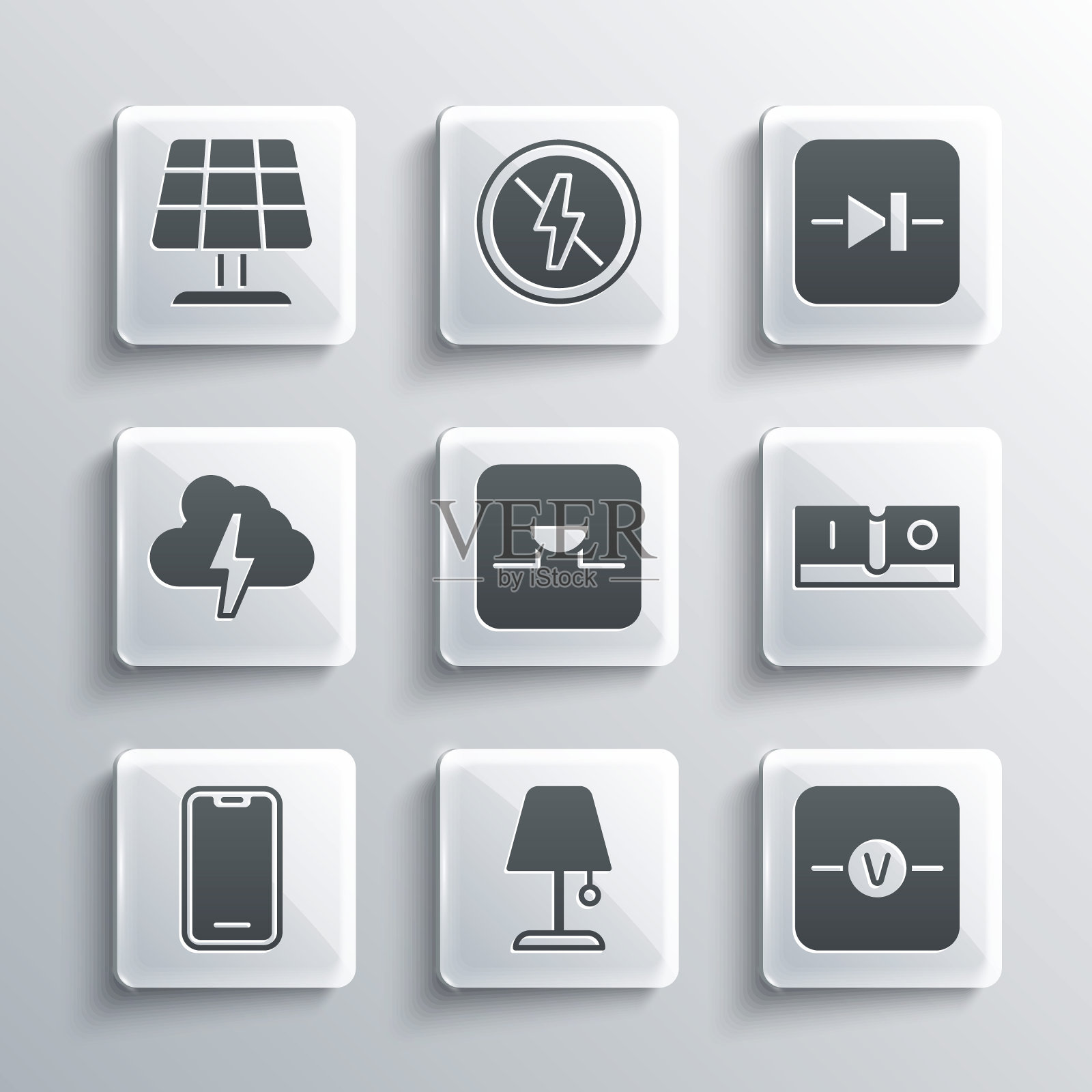 集台灯，电压表，电灯开关，电子电路蜂鸣器，手机，云和闪电，太阳能板和二极管图标。向量插画图片素材