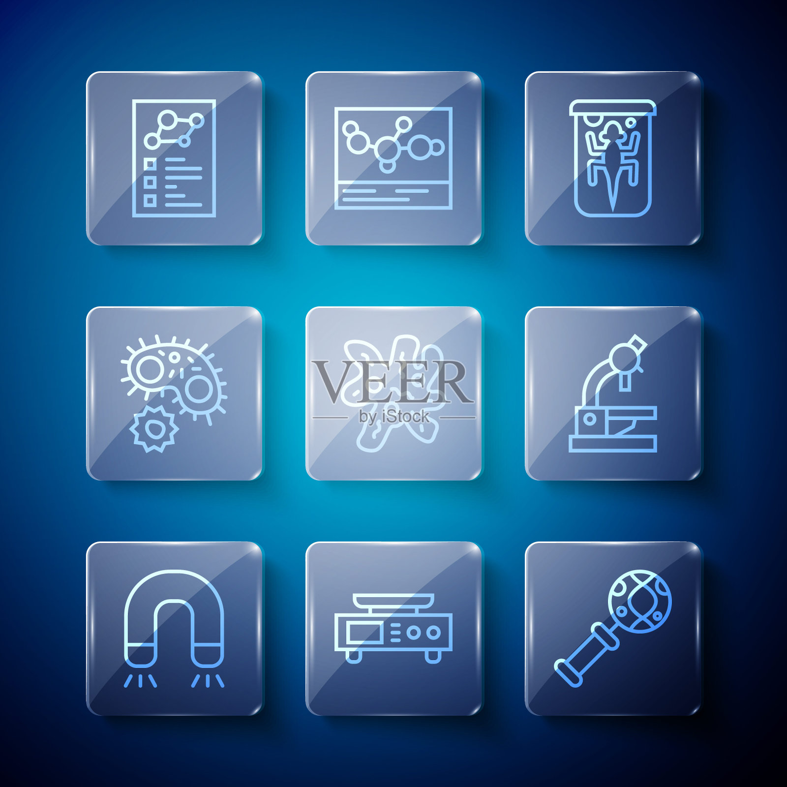 设置线磁铁，电子秤，DNA研究，搜索，实验动物，细胞，病毒，临床记录和显微镜图标。向量插画图片素材