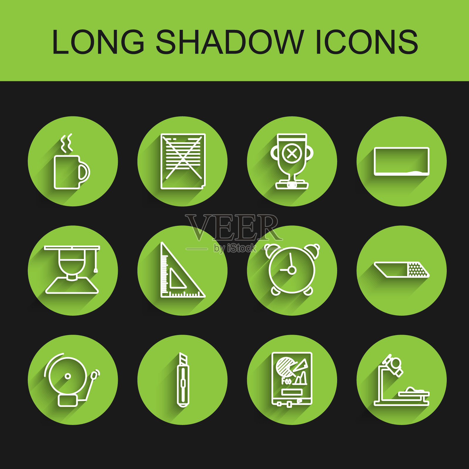 设置线响闹钟，文具刀，咖啡杯，板与图表，显微镜，三角尺，橡皮或橡胶和闹钟图标。向量插画图片素材