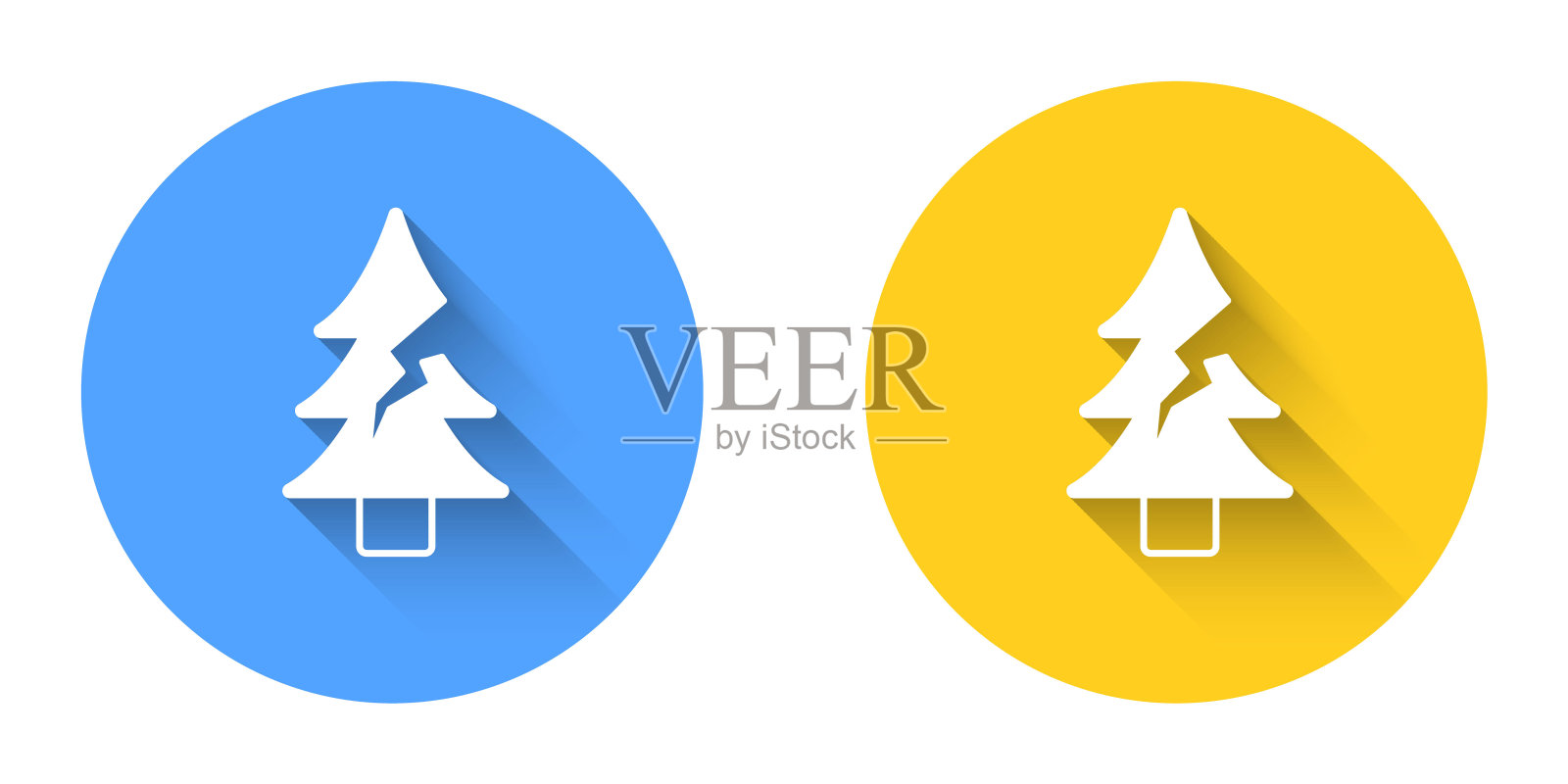 白色的树图标孤立的长阴影背景。森林的象征。圆按钮。向量插画图片素材