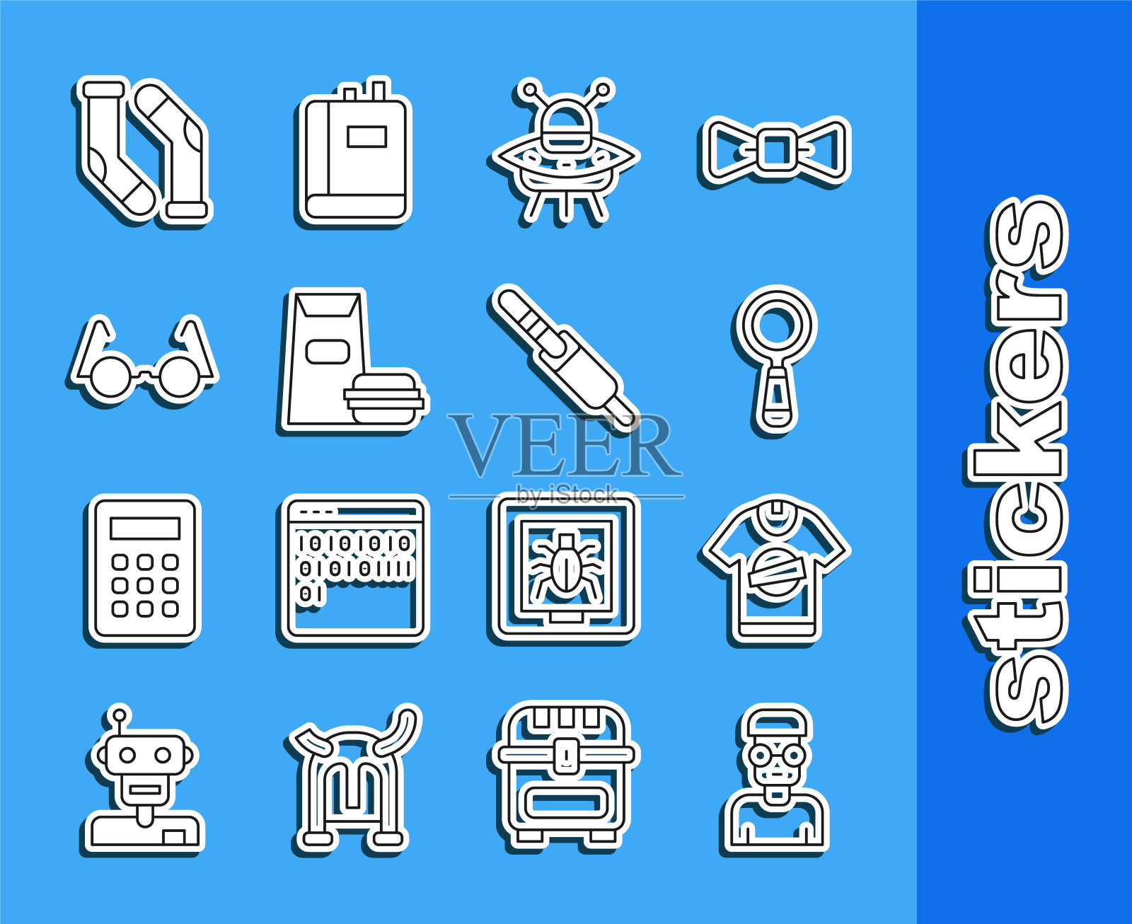 设线书呆子极客，t恤，放大镜，飞碟飞船，汉堡，眼镜，袜子和音频插孔图标。向量插画图片素材