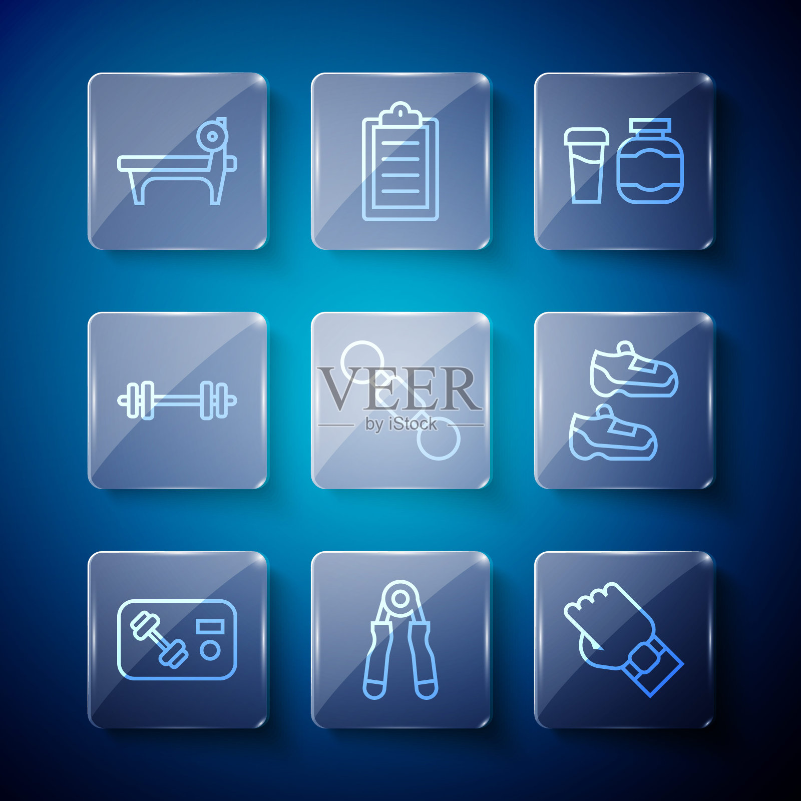 健身俱乐部，健身卡，运动扩展器，智能手表在手，运动营养，哑铃，杠铃，带杠铃和运动鞋图标的长凳。向量插画图片素材