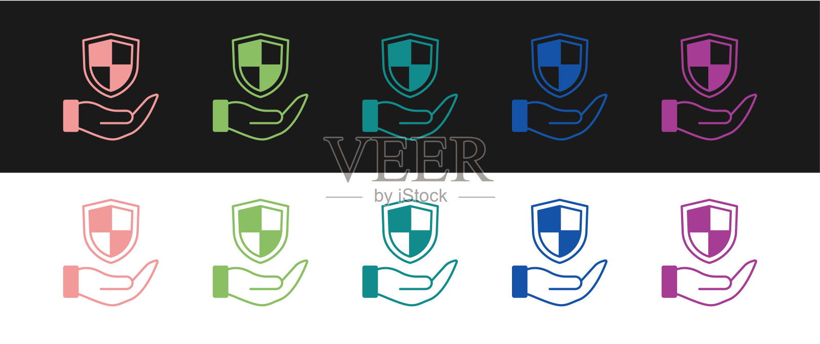 设置盾在手图标隔离在黑色和白色的背景。保险的概念。警卫队的迹象。安全、安全、保护、隐私的理念。向量插画图片素材