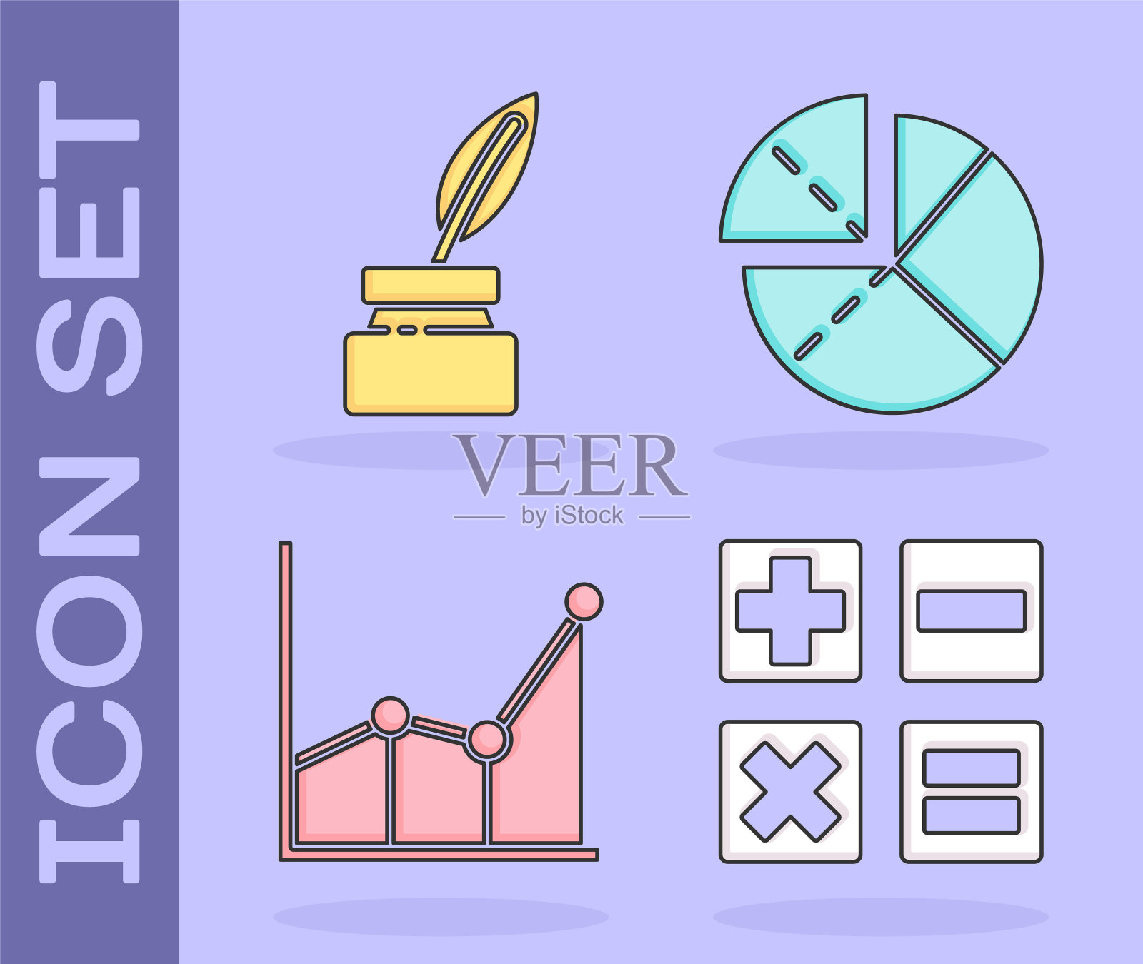 设置计算器，羽毛和墨水瓶，图表，时间表，图表，图表和图表，时间表，图表，图表图标。向量插画图片素材