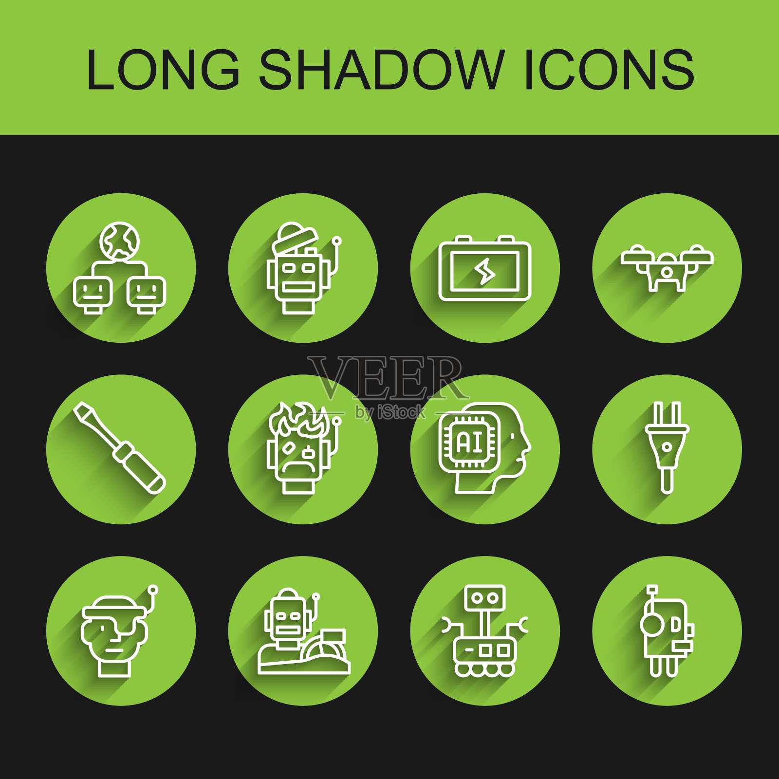 系列产品:智能眼镜，机器人人形驾驶汽车，人工智能，烧坏，电源插头和人形机器人图标。向量插画图片素材